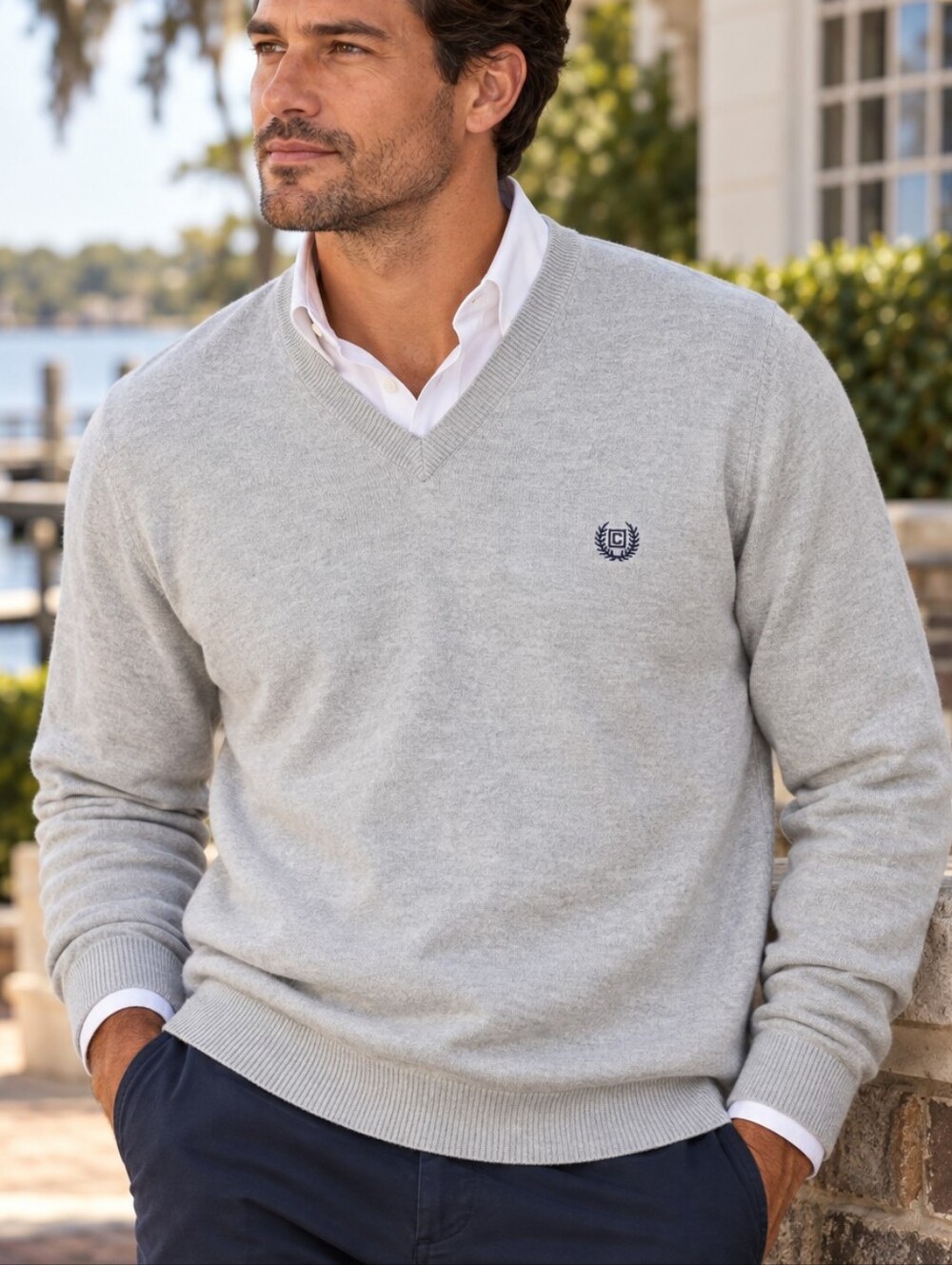 CHAPS Men’s Cotton Cashmere V-Neck Sweater L Gray Preppy Classic Minimalistic